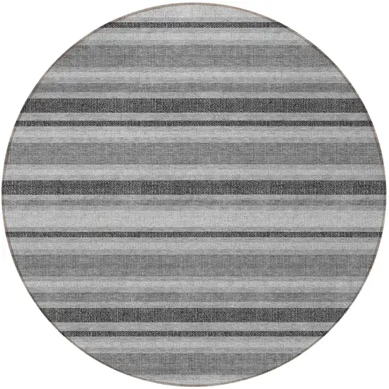 8' Round Gray and Black Round Striped Washable Non Skid Indoor Outdoor Area Rug Photo 4