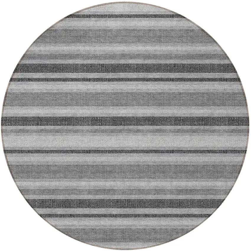 8' Round Gray and Black Round Striped Washable Non Skid Indoor Outdoor Area Rug Photo 4