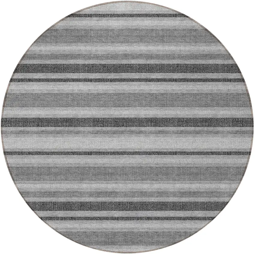 8' Round Gray and Black Round Striped Washable Non Skid Indoor Outdoor Area Rug Photo 4