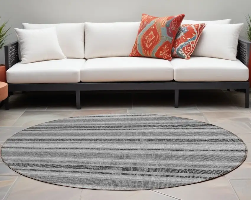 8' Round Gray and Black Round Striped Washable Non Skid Indoor Outdoor Area Rug Photo 1