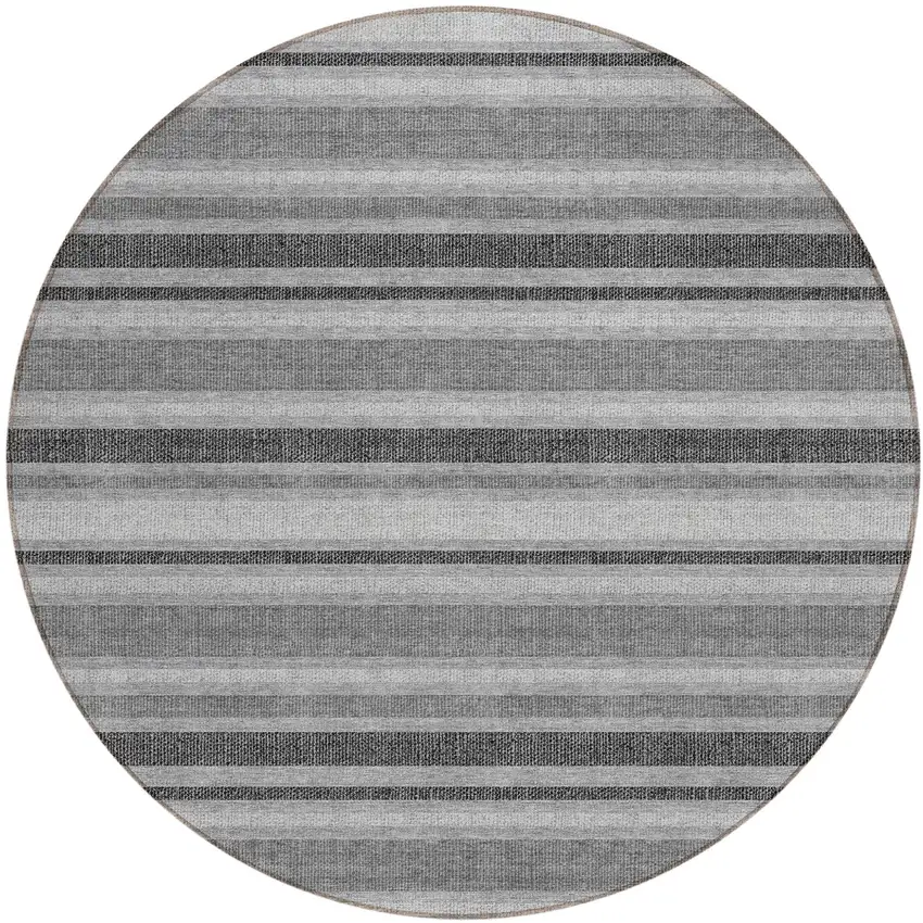 Gray and Black Round Striped Washable Non Skid Indoor Outdoor Area Rug Photo 2