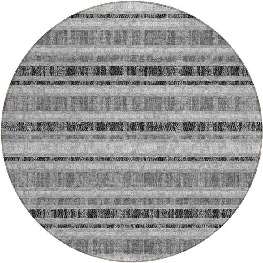 Gray and Black Round Striped Washable Non Skid Indoor Outdoor Area Rug Photo 2