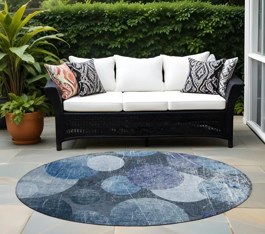 Gray and Blue Round Abstract Washable Non Skid Indoor Outdoor Area Rug Photo 1