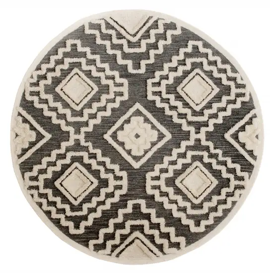 4' Round Gray and Cream Geometric Area Rug Photo 1