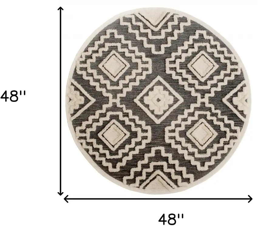 4' Round Gray and Cream Geometric Area Rug Photo 9