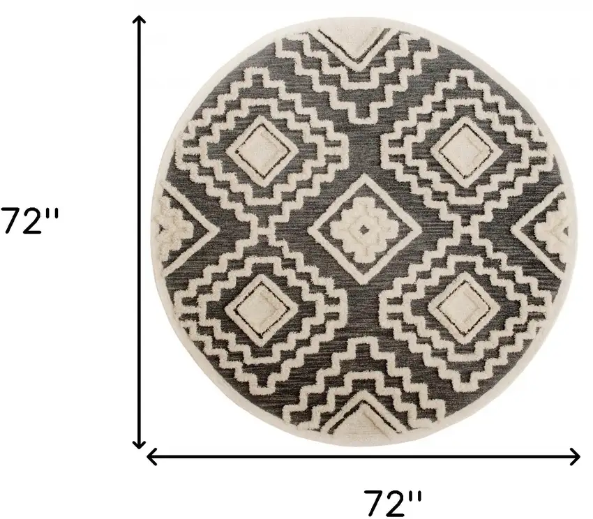 6' Round Gray and Cream Geometric Area Rug Photo 9
