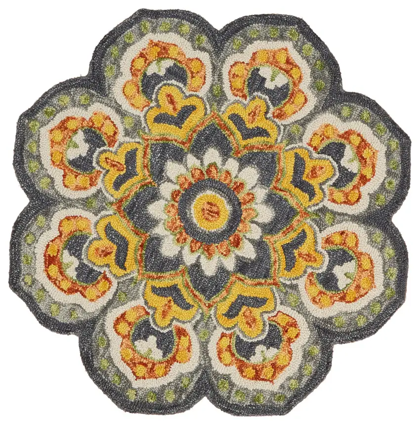 4' Round Gray and Gold Floret Area Rug Photo 1