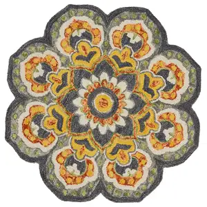 Photo of 4' Round Gray and Gold Floret Area Rug