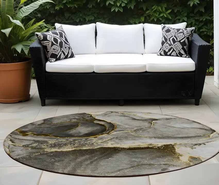 8' Round Gray and Gold Round Abstract Washable Non Skid Indoor Outdoor Area Rug Photo 1