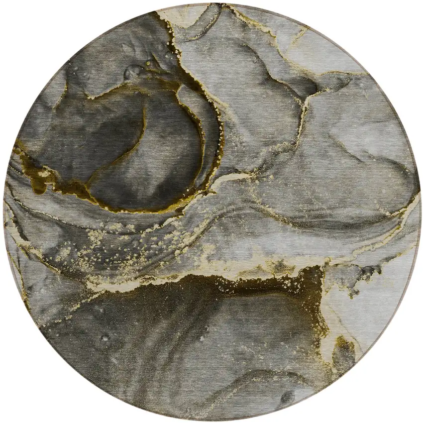 Gray and Gold Round Abstract Washable Non Skid Indoor Outdoor Area Rug Photo 2