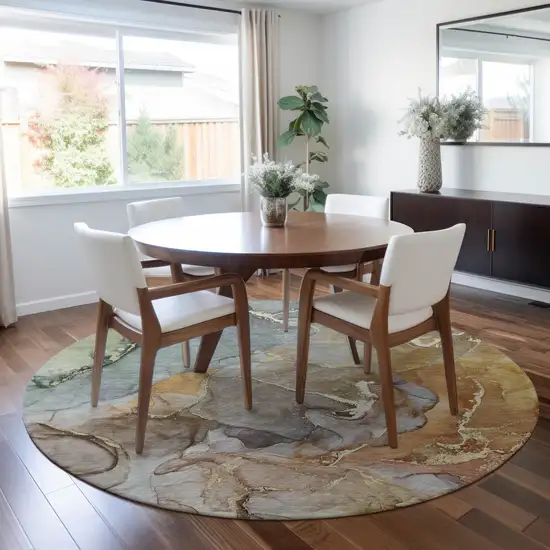 Gray and Gold Round Abstract Washable Non Skid Indoor Outdoor Area Rug Photo 9