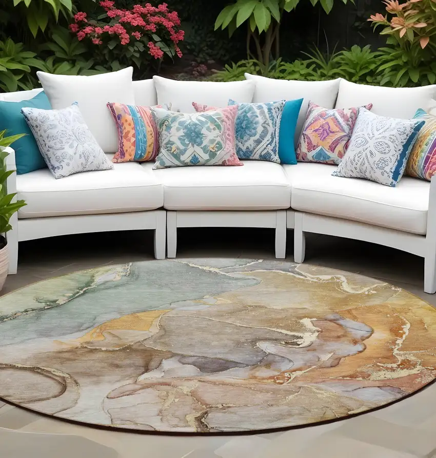 Gray and Gold Round Abstract Washable Non Skid Indoor Outdoor Area Rug Photo 1