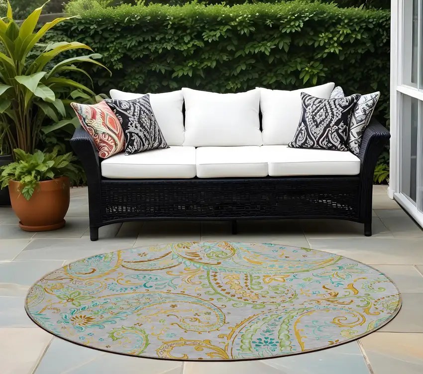 8' Round Gray and Gold Round Paisley Washable Non Skid Indoor Outdoor Area Rug Photo 1