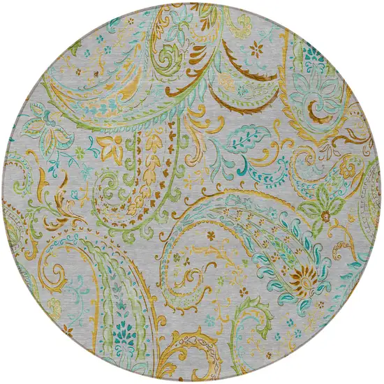 Gray and Gold Round Paisley Washable Non Skid Indoor Outdoor Area Rug Photo 4