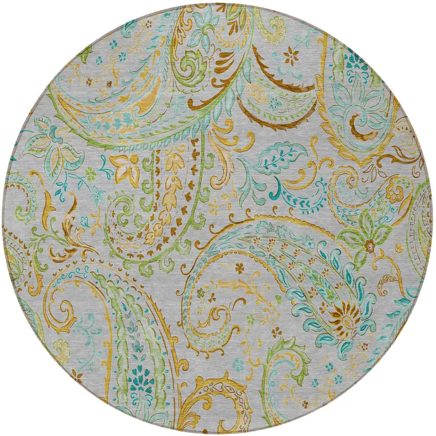 Gray and Gold Round Paisley Washable Non Skid Indoor Outdoor Area Rug Photo 4