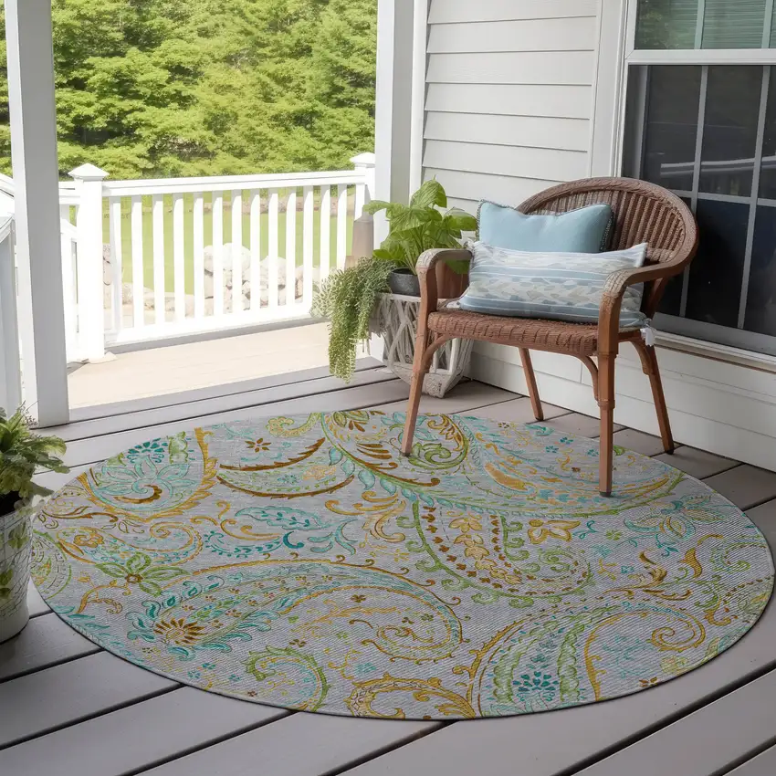Gray and Gold Round Paisley Washable Non Skid Indoor Outdoor Area Rug Photo 9