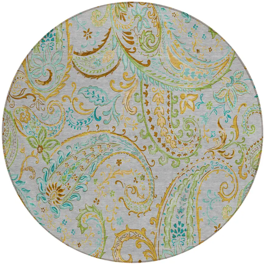 Gray and Gold Round Paisley Washable Non Skid Indoor Outdoor Area Rug Photo 2