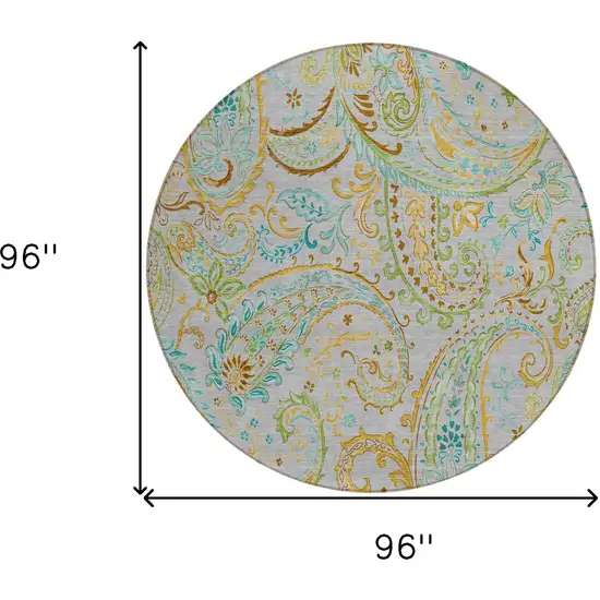 Gray and Gold Round Paisley Washable Non Skid Indoor Outdoor Area Rug Photo 3