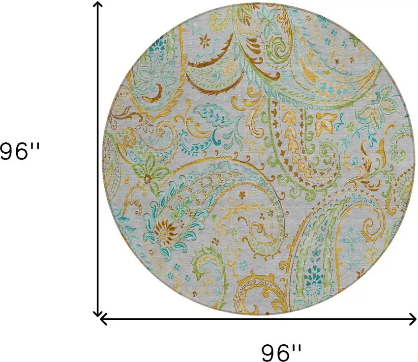 Gray and Gold Round Paisley Washable Non Skid Indoor Outdoor Area Rug Photo 3