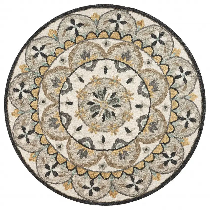4' Round Gray and Ivory Floral Bloom Area Rug Photo 1