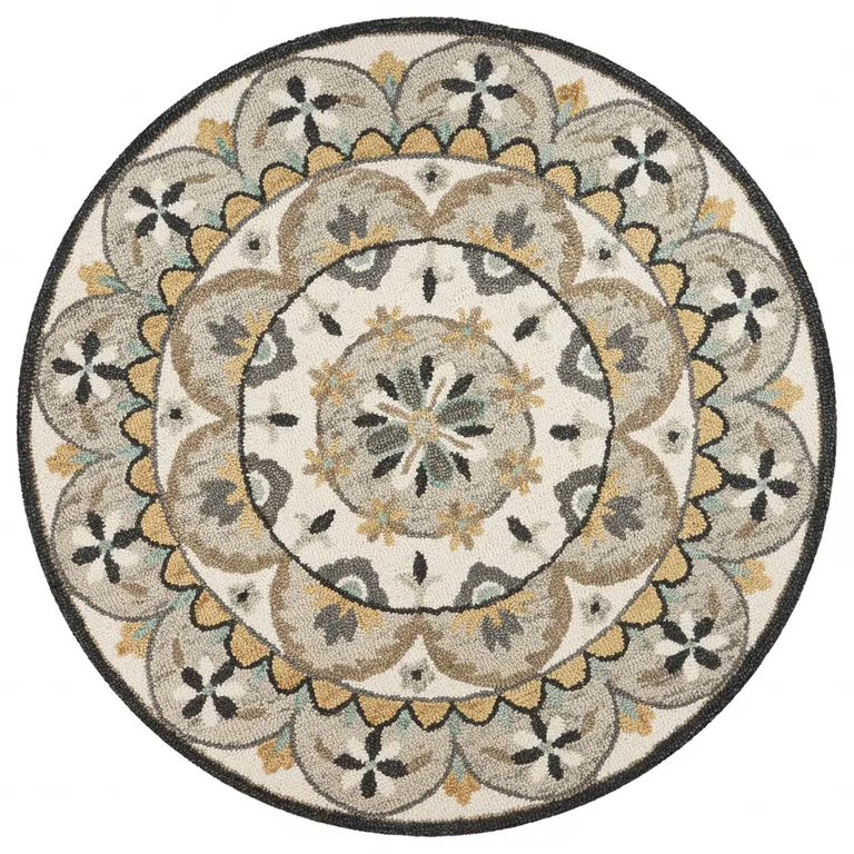 4' Round Gray and Ivory Floral Bloom Area Rug Photo 1