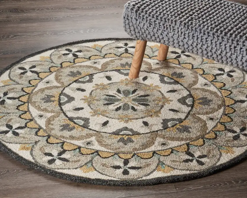 4' Round Gray and Ivory Floral Bloom Area Rug Photo 8
