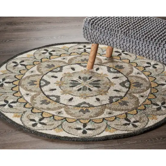 4' Round Gray and Ivory Floral Bloom Area Rug Photo 8
