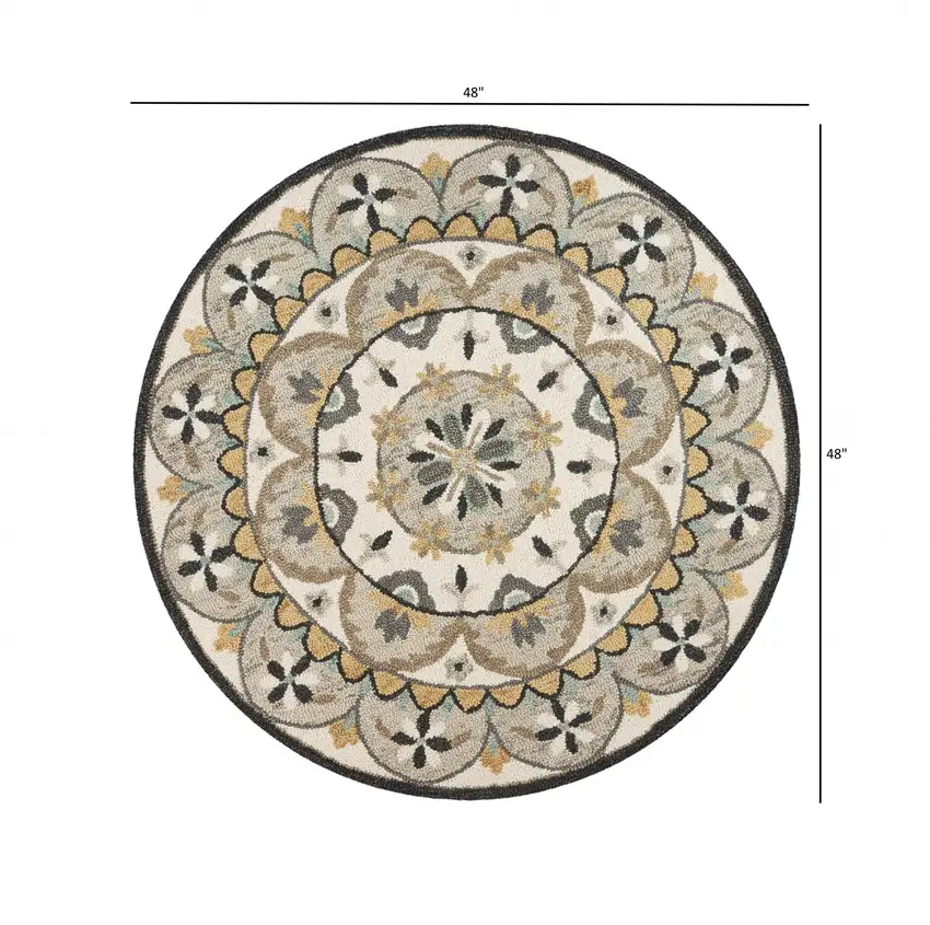 4' Round Gray and Ivory Floral Bloom Area Rug Photo 6