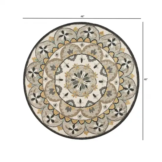 4' Round Gray and Ivory Floral Bloom Area Rug Photo 6