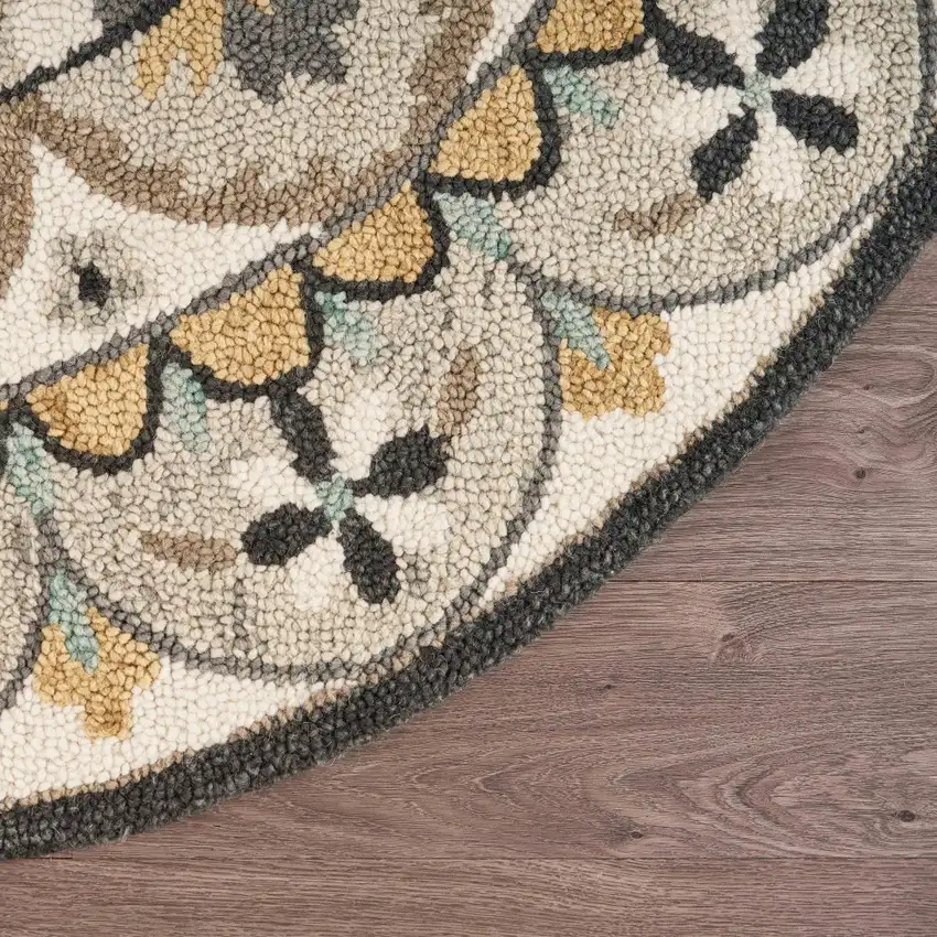 4' Round Gray and Ivory Floral Bloom Area Rug Photo 5