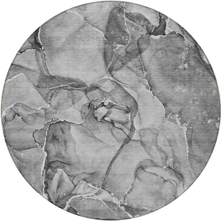 8' Round Gray and Ivory Round Abstract Washable Non Skid Indoor Outdoor Area Rug Photo 5