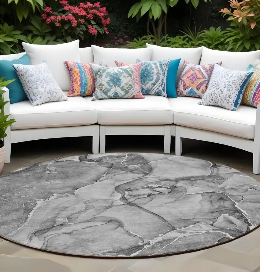 Gray and Ivory Round Abstract Washable Non Skid Indoor Outdoor Area Rug Photo 1