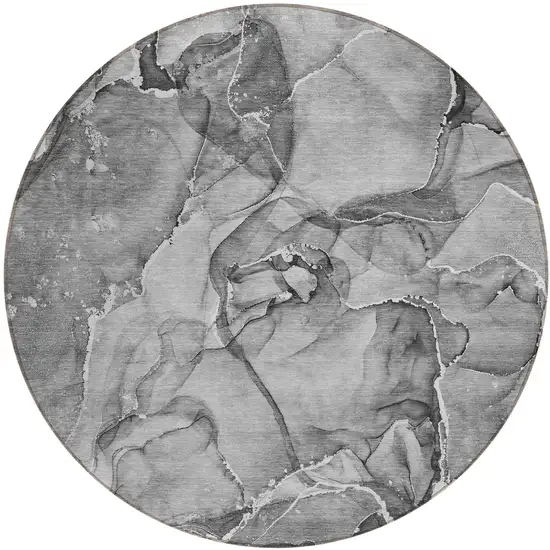 Gray and Ivory Round Abstract Washable Non Skid Indoor Outdoor Area Rug Photo 2