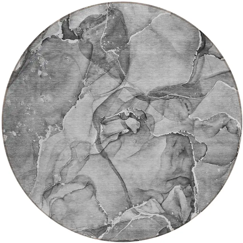 Gray and Ivory Round Abstract Washable Non Skid Indoor Outdoor Area Rug Photo 2