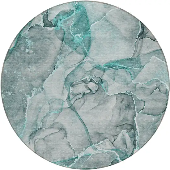 Gray and Ivory Round Abstract Washable Non Skid Indoor Outdoor Area Rug Photo 2