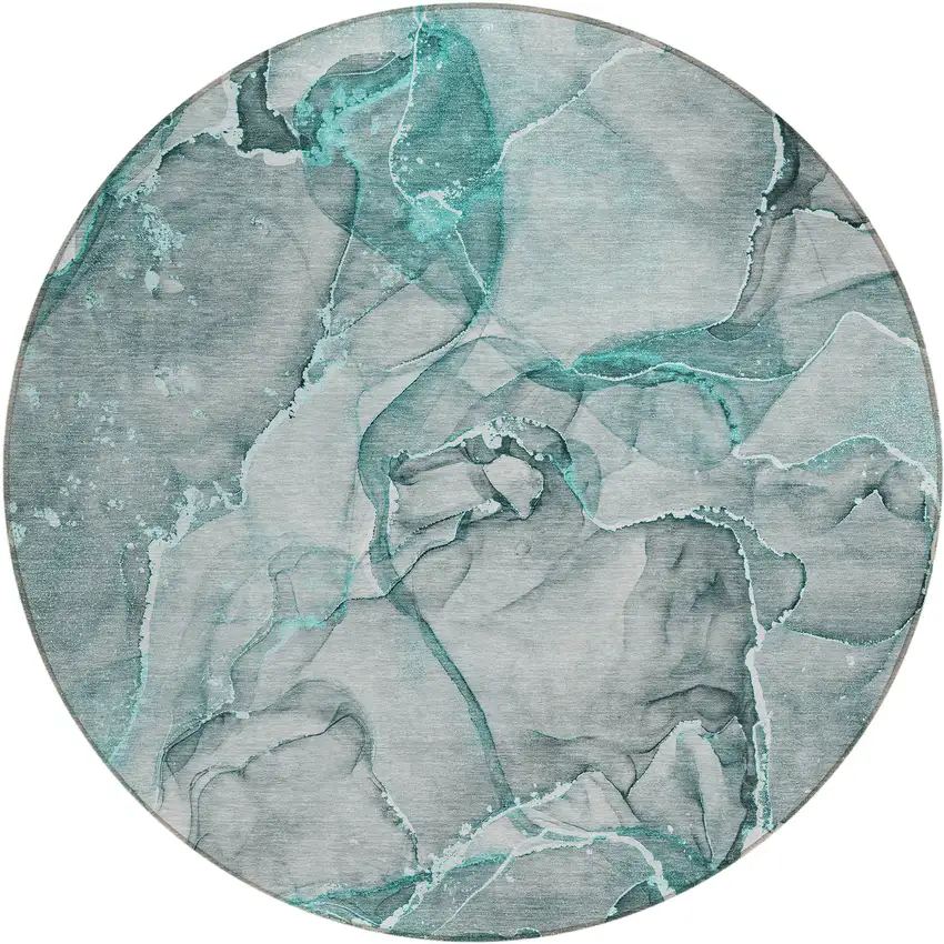Gray and Ivory Round Abstract Washable Non Skid Indoor Outdoor Area Rug Photo 2