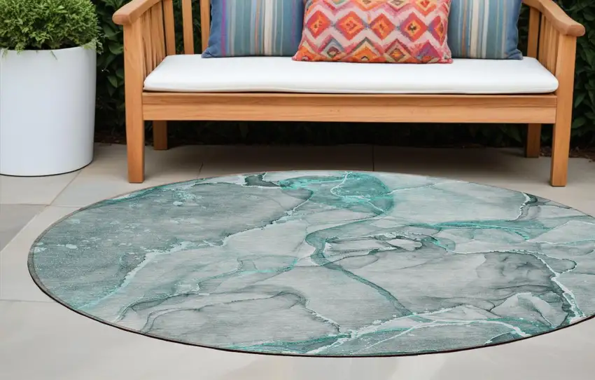 Gray and Ivory Round Abstract Washable Non Skid Indoor Outdoor Area Rug Photo 1