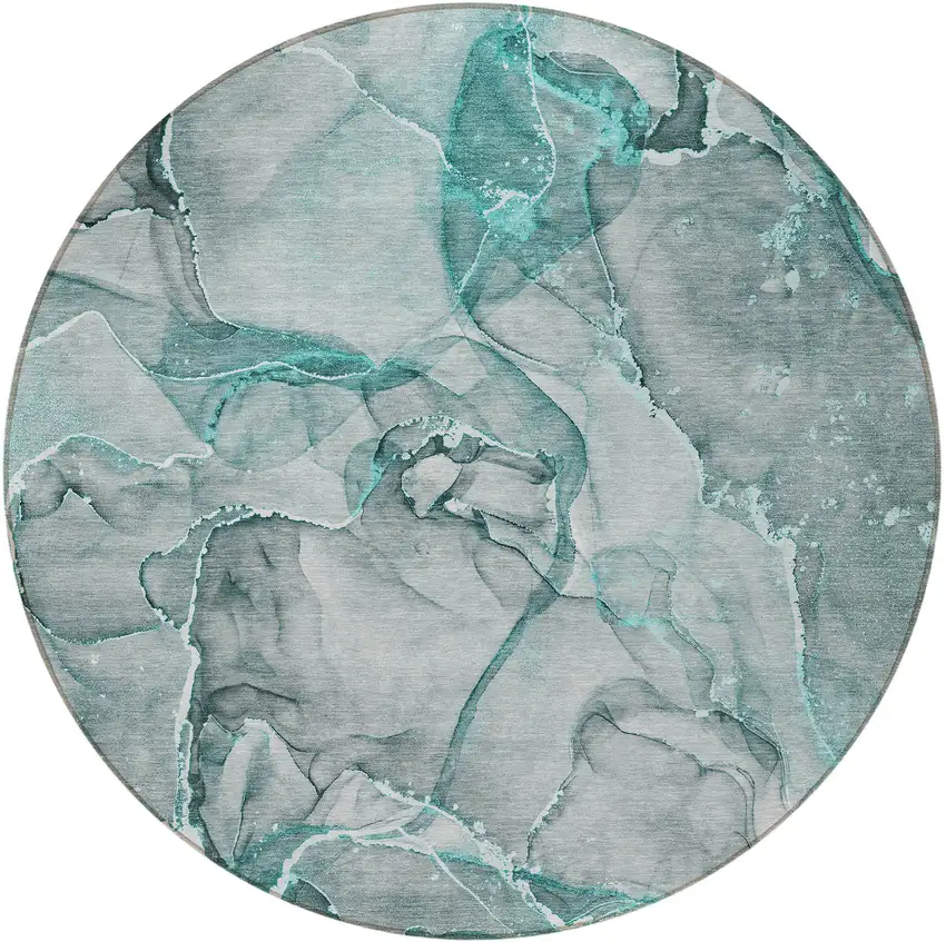 Gray and Ivory Round Abstract Washable Non Skid Indoor Outdoor Area Rug Photo 4
