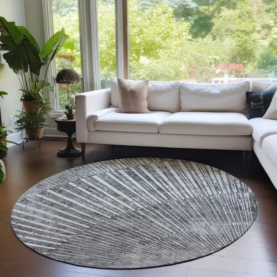 Gray and Ivory Round Abstract Washable Non Skid Indoor Outdoor Area Rug Photo 9