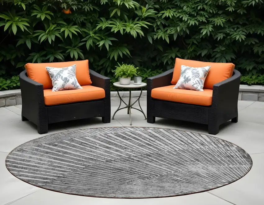 Gray and Ivory Round Abstract Washable Non Skid Indoor Outdoor Area Rug Photo 1