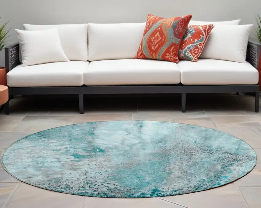 8' Round Gray and Ivory Round Abstract Washable Non Skid Indoor Outdoor Area Rug Photo 1