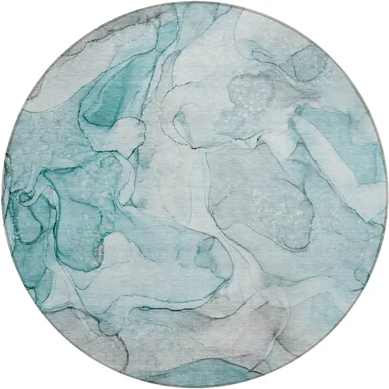 Gray and Ivory Round Abstract Washable Non Skid Indoor Outdoor Area Rug Photo 2