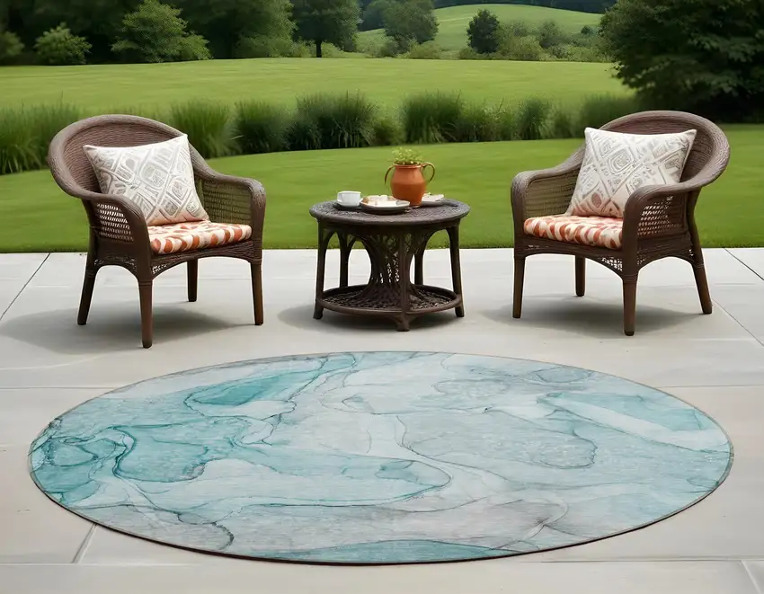 Gray and Ivory Round Abstract Washable Non Skid Indoor Outdoor Area Rug Photo 1