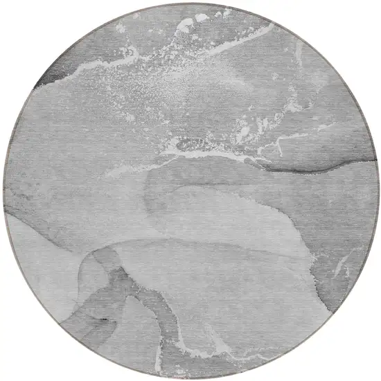 8' Round Gray and Ivory Round Abstract Washable Non Skid Indoor Outdoor Area Rug Photo 2