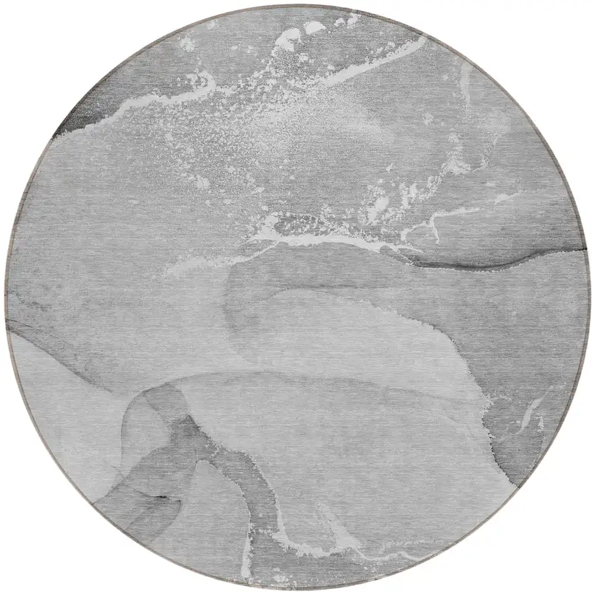8' Round Gray and Ivory Round Abstract Washable Non Skid Indoor Outdoor Area Rug Photo 2