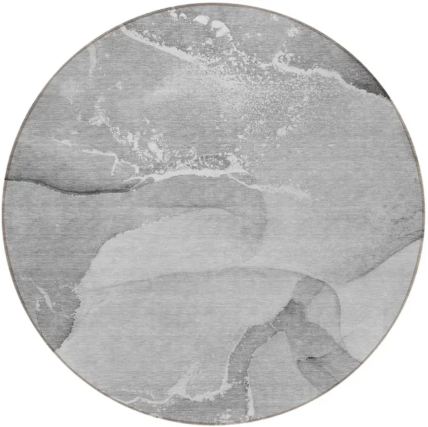 Gray and Ivory Round Abstract Washable Non Skid Indoor Outdoor Area Rug Photo 5