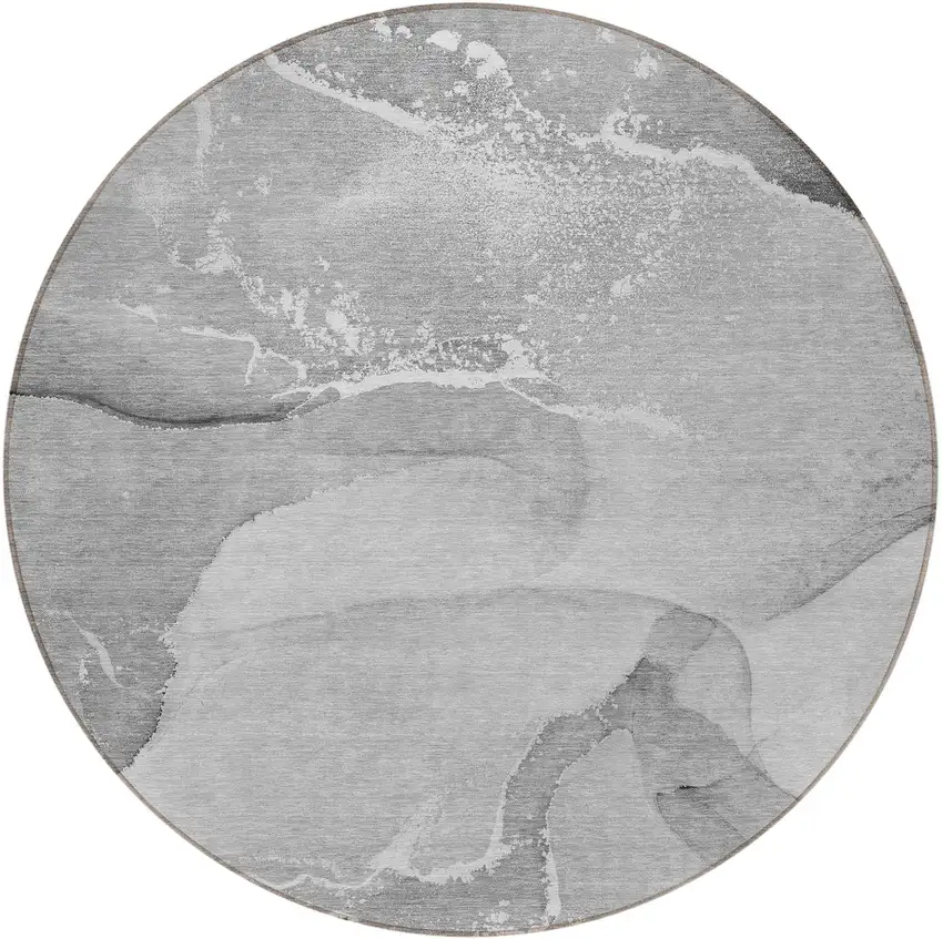 8' Round Gray and Ivory Round Abstract Washable Non Skid Indoor Outdoor Area Rug Photo 4
