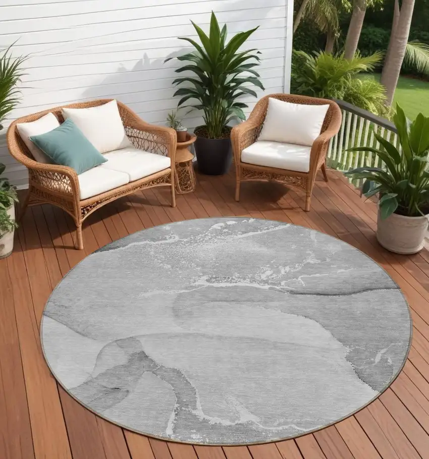 8' Round Gray and Ivory Round Abstract Washable Non Skid Indoor Outdoor Area Rug Photo 1