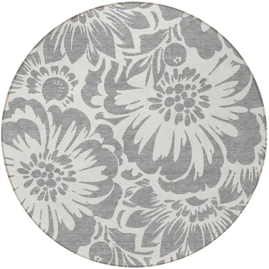Gray and Ivory Round Floral Washable Non Skid Indoor Outdoor Area Rug Photo 5
