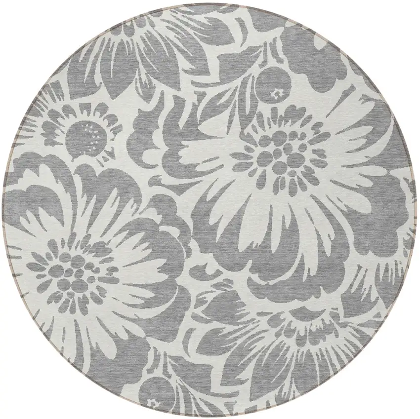 Gray and Ivory Round Floral Washable Non Skid Indoor Outdoor Area Rug Photo 5